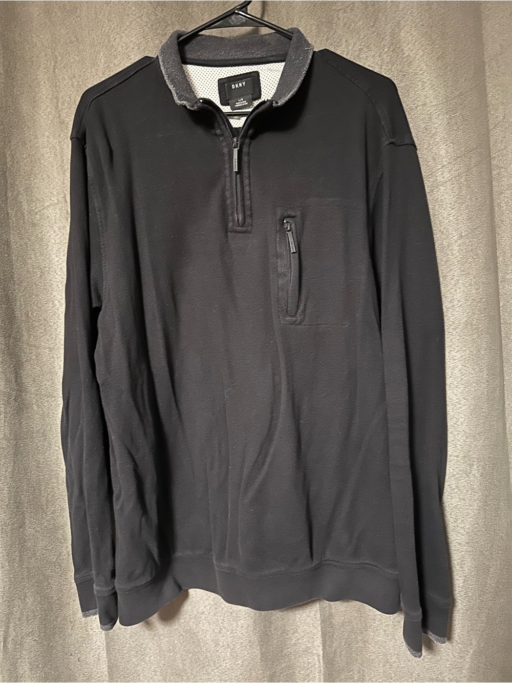 DKNY Men’s Black Zip Chest Pocket Pullover with Contrast Collar